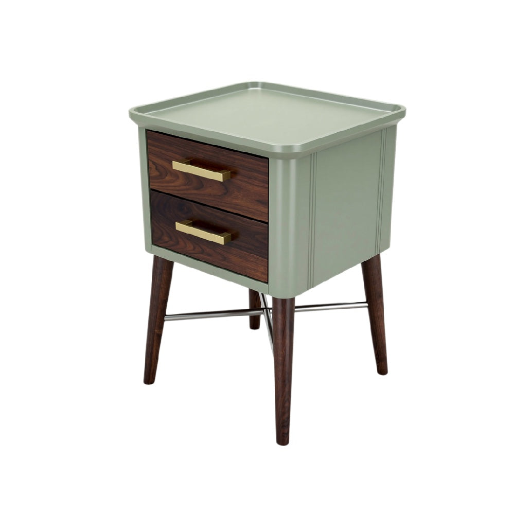 Modern Two-Drawer Nightstand with Walnut Legs and Mint Green Finish