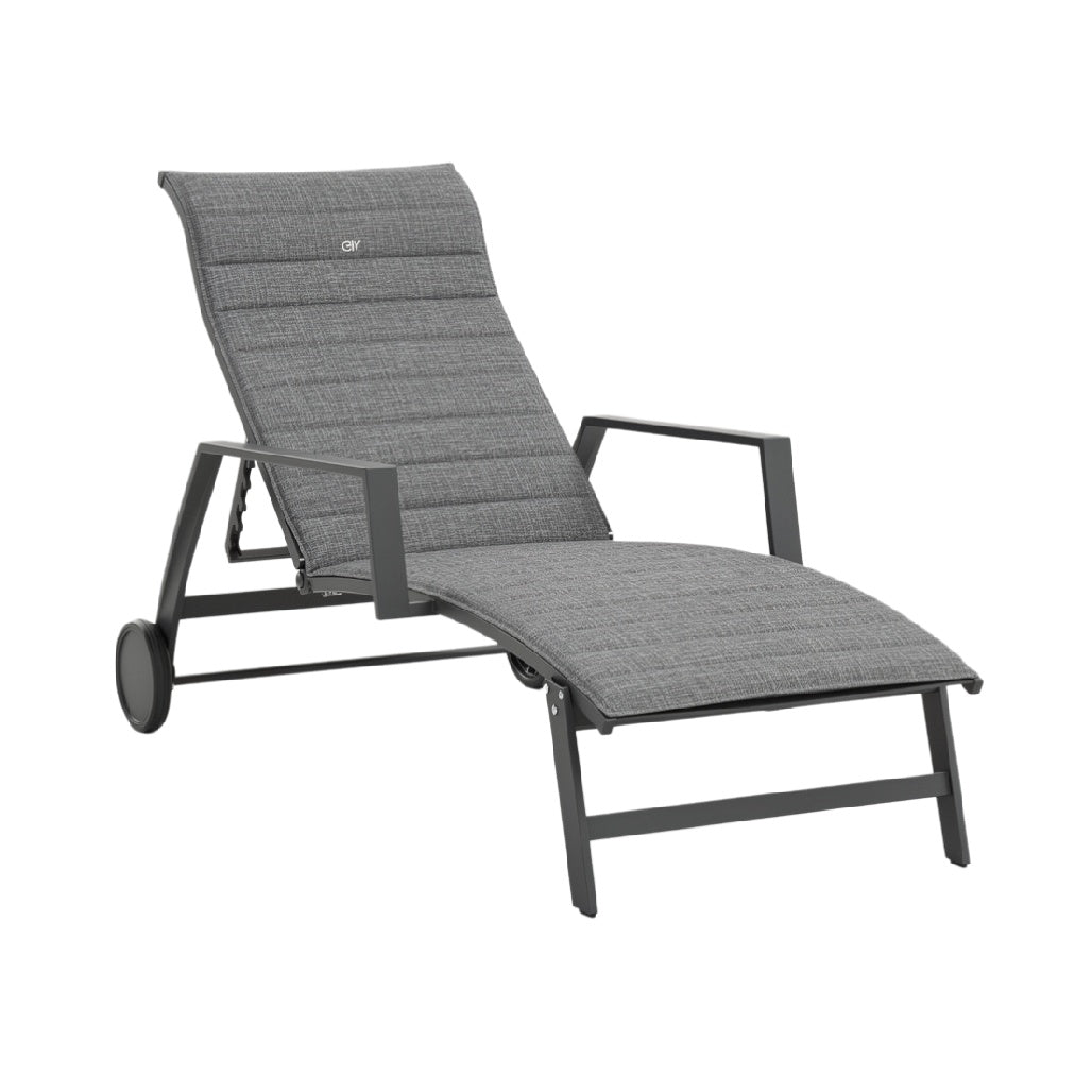 Adjustable Outdoor Chaise Lounge Chair with Gray Fabric Upholstery